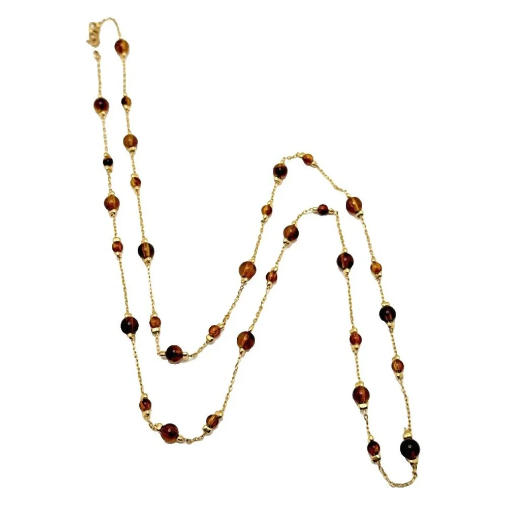 Vintage MONET Amber Brown Bead Station Necklace Gold Tone Opera Statement 30